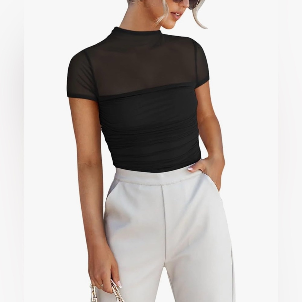 REORIA Women's Sexy Mock Neck Short Sleeve Sheer Ruched Bodysuit- Size L- BNWT - Picture 1 of 10